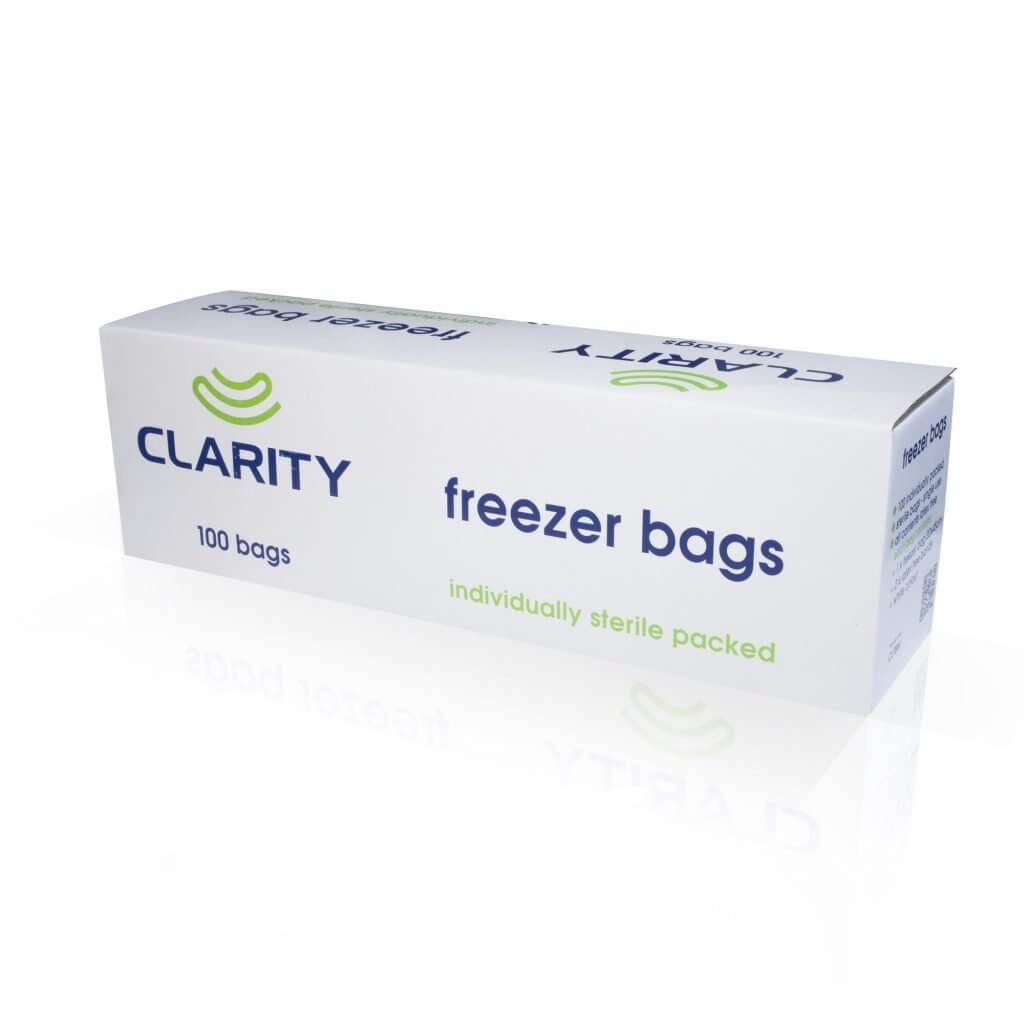 CLARITY STERILE FREEZER BAGS WITH 2 ELASTIC BANDS - BOX OF 100