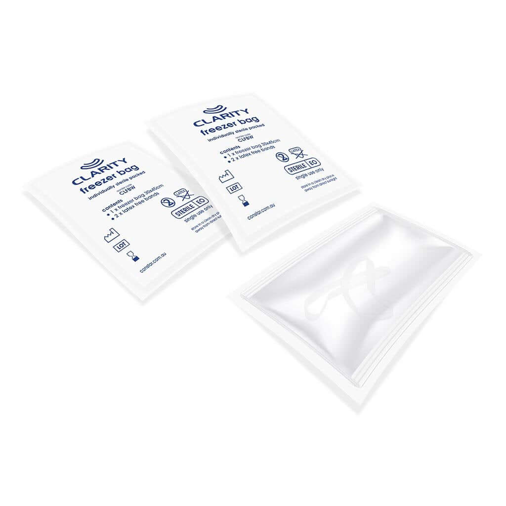 CLARITY STERILE FREEZER BAGS WITH 2 ELASTIC BANDS - BOX OF 100