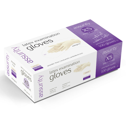 ASSURITY NATURAL LATEX POWDER FREE EXAMINATION GLOVES - BOX OF 100