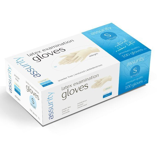 ASSURITY NATURAL LATEX POWDER FREE EXAMINATION GLOVES - BOX OF 100