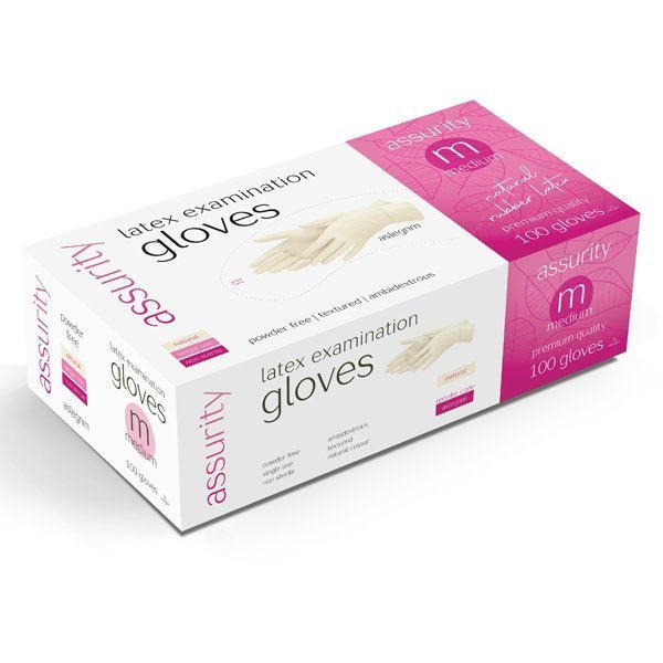 ASSURITY NATURAL LATEX POWDER FREE EXAMINATION GLOVES - BOX OF 100