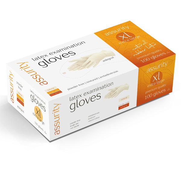 ASSURITY NATURAL LATEX POWDER FREE EXAMINATION GLOVES - BOX OF 100
