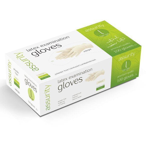ASSURITY NATURAL LATEX POWDER FREE EXAMINATION GLOVES - BOX OF 100
