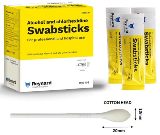 REYNARD 2 % CHLORHEXIDINE 70 % ALCOHOL SWAB STICKS (CLEAR) RHS408 - BOX OF 50
