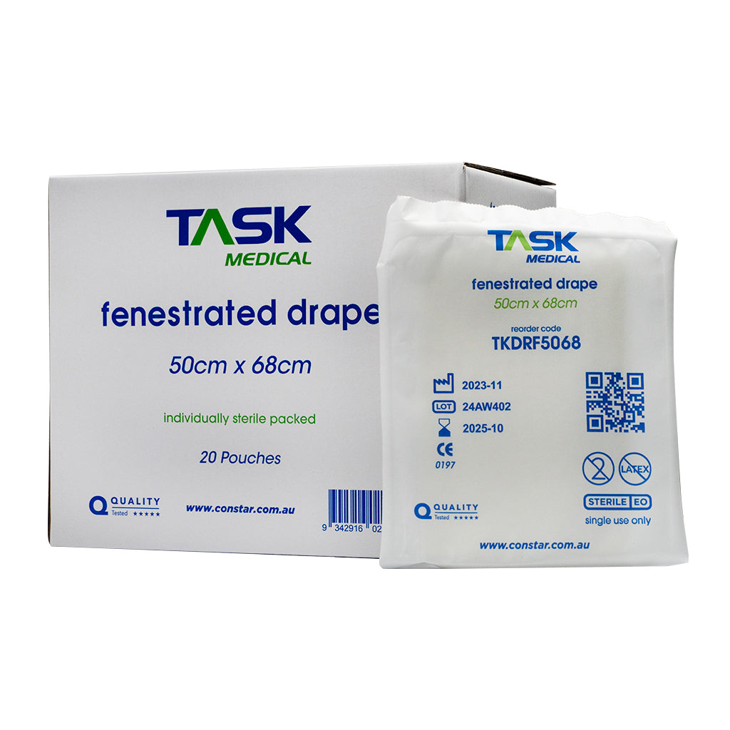 TASK MEDICAL STERILE FENESTRATED DRAPE (50 X 68CM) 4 POLY LINES, 10CM DIAMETER OPENING - PACK OF 20